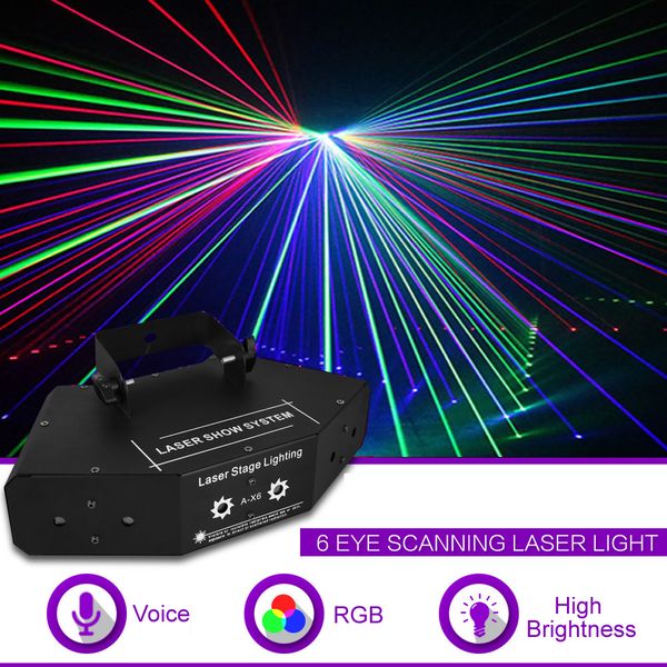 6 Eyes RGB Full Color DMX Beam Network Laser Scanning Light Home Gig Party DJ Освещение сцены Звук Auto A-X6