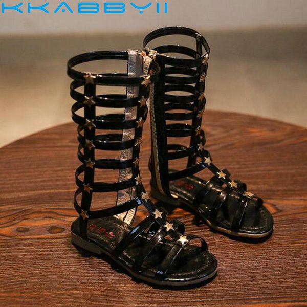 

2019 summer 3 colors baby girl cut-outs hollow roman sandals children knee boots gladiator kid flat glitter star zipper pu shoes, Black;red
