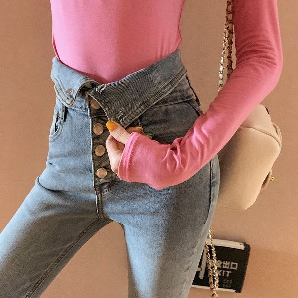 

women's jeans imucci two wears way high waist woman spring single row fasten body thin small foot nine part pants pencil tm1651, Blue