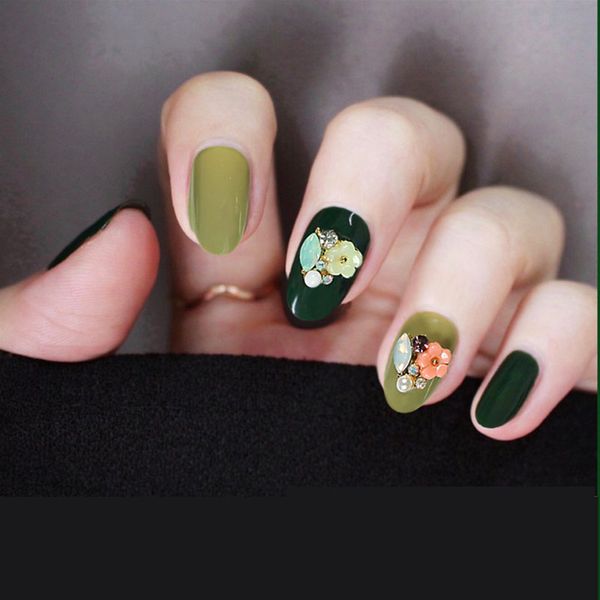 

new 24pieces fresh avocado 3d flower print fashion diy acrylic art round fake false sticker nail tips with glue gel tn, Red;gold