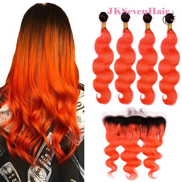 Body Wave 1b Orange Brazilian Virgin Hair Bundles With 13x4 Inch