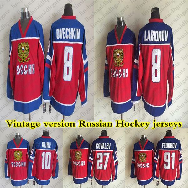 

russia vintage version hockey jersey 8 ovechkin 8 larionov 10 bure 27 kovalev 91 fedorov jerseys, Black;red