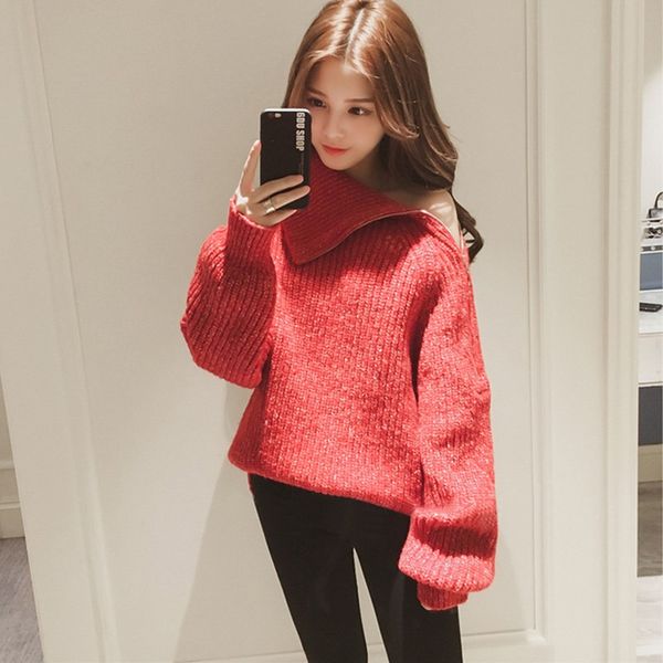 

sweater women turtleneck off shoulder knitted zipper elegant pullover red sweater 2019 autumn winte, White;black