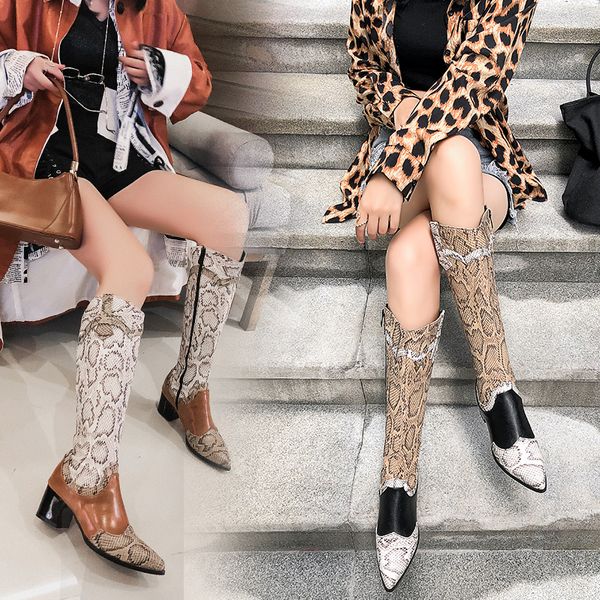 

snake print stitching boots women knee high boots winter women shoes pointed toe cowgirl long western 2019 new, Black