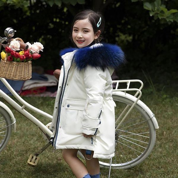 

fashion new winter long child down coat fur collar baby girls jacket thicken warm kids outfits children outerwear for 110-160cm, Blue;gray