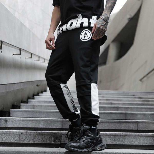 

men's pants 2021 back printed street color spliced fashion mens joggers sweatpants hip hop casual pencil trousers streetwear, Black