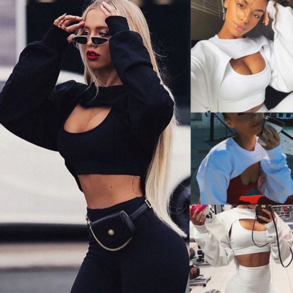 

sports casual pullover sweatshirts women long sleeve hollow out solid color club fitness black/white crop streetwear