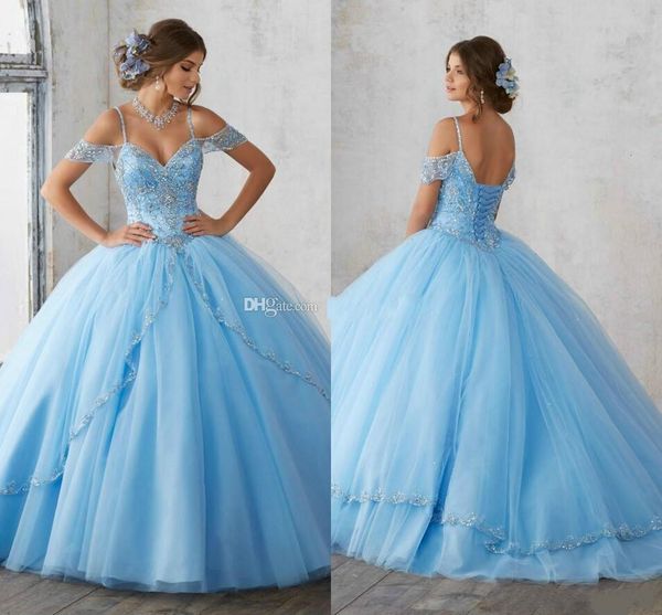 

light sky blue quinceanera dresses ball gown cap sleeves spaghetti beading crystal princess prom party dresses for sweet 16 girls, Blue;red