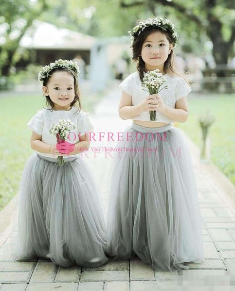 

2019 cute grey white two piece flower girls' dresses short sleeves lace applique floor length little girl communion birthday party gown, White;blue