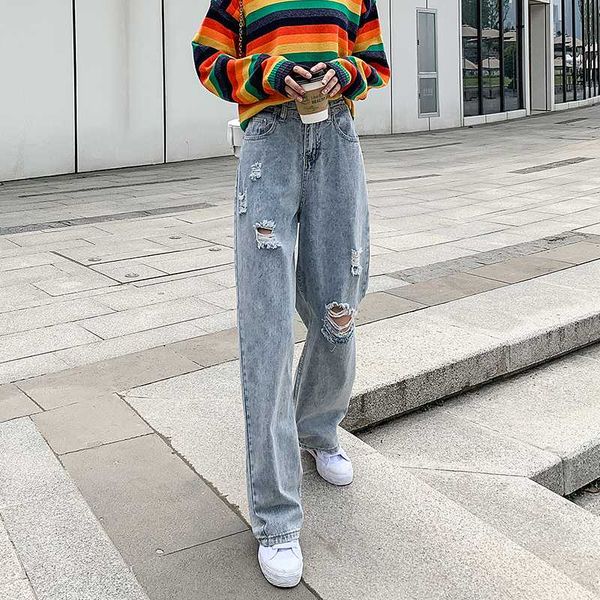 

woman jeans high waist ripped jeans 2020 denim straight clothes wide leg denim clothing blue streetwear fashion vintage pants
