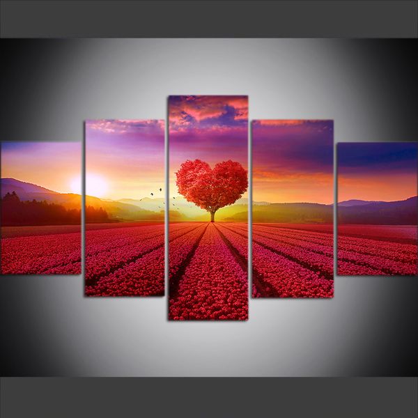 

5 piece large size canvas wall art pictures creative heart tree, tulip, sky, sunset, romance art print oil painting for living room decor