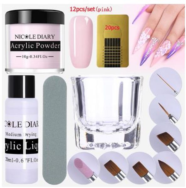 

12pcs/set acrylic nail dipping clear extension builder crystal nail glitter chrome 3d nail tips carving manicure art tools, Silver;gold