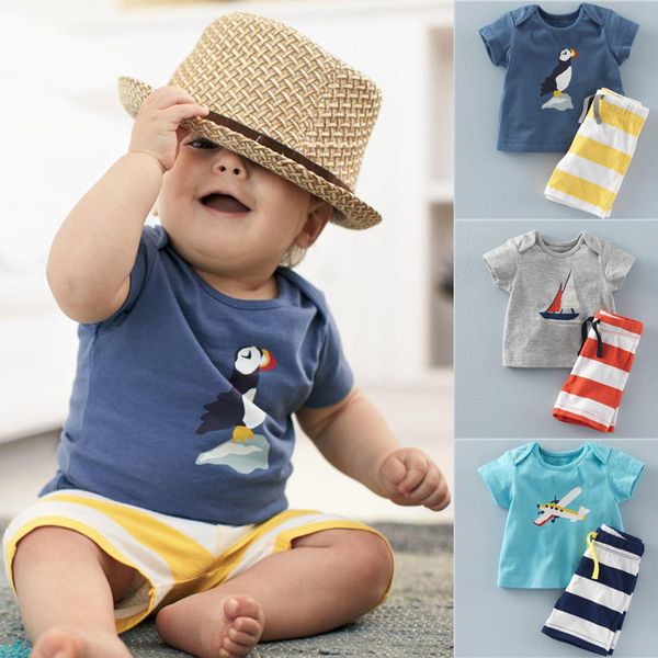 

kids clothes suits 3 styles summer t-shirt + shorts 2 piece sets kids designer clothes short sleeve cartoon t-shirt striped shorts jy204, White