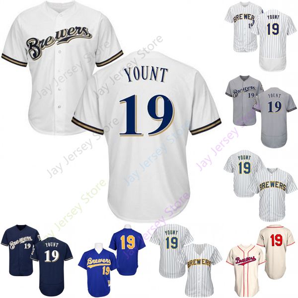 

2019 Milwaukee 19 Robin Yount Jersey Brewers Jerseys Cool Base Flexbase Home Away White Black Red Grey Pullover Button Men Women Youth