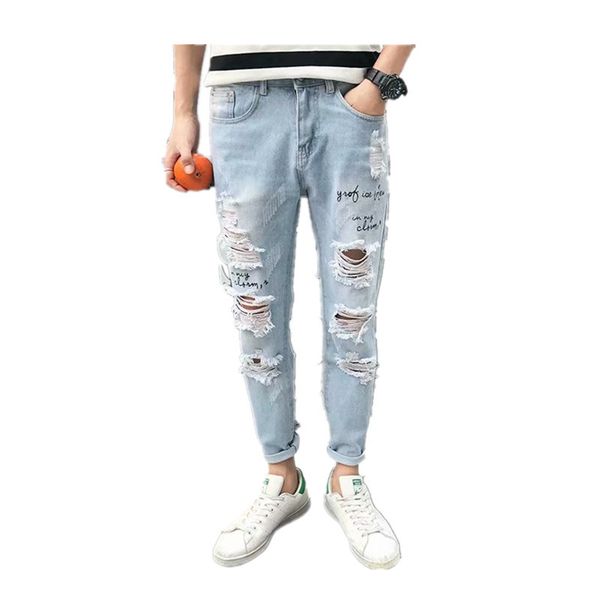 

men's jeans wholesale 2021 fashion ripped brand slim korean trendy loose youth hong kong style ankle length pants, Blue