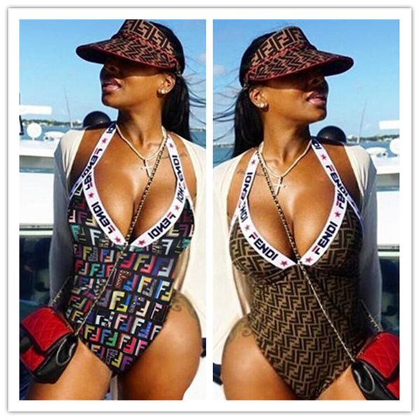 

women designer one piece swimsuits ff letter backless lace up brand plus size swimwear swimsuit beach wear bikini patchwork 2019 c41202, White
