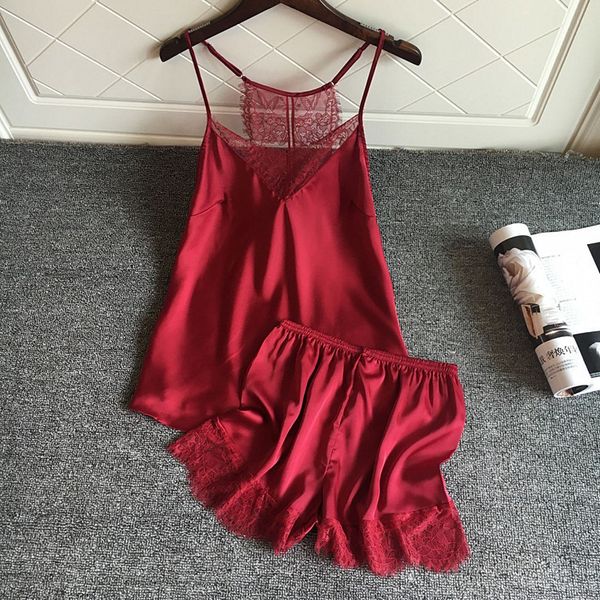 

lisacmvpnel ice silk lace woman pajamas twinset shorts suit korean sleeveless sleepwear, Black;red