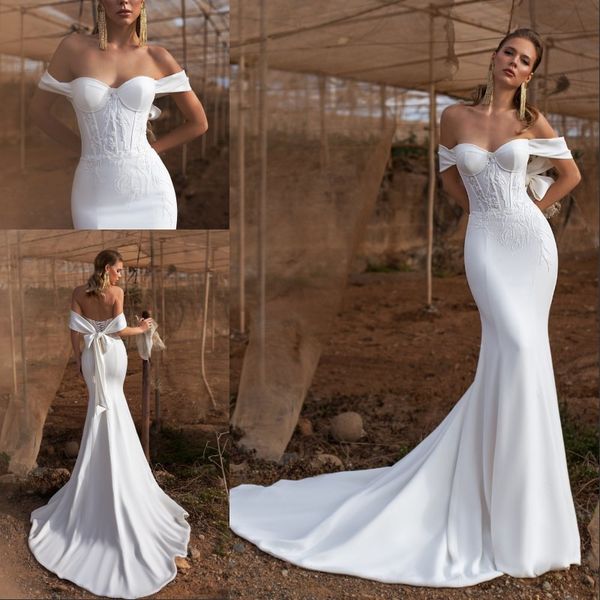 

modest mermaid wedding dress off the shoulder 2020 satin beadings beach bride wedding gowns bow sash backless vestido de noiva, White