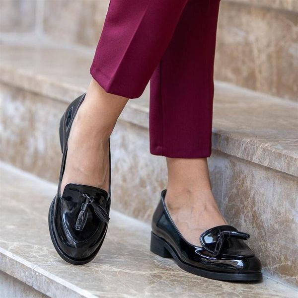 

mio gusto 2020 spring autumn women flats shoes round toe patent black leather tassel oxford shoes women