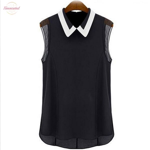 

elegant chiffon blouses women turn down collar loose sleeveless vest summer pactwork white black office lady blouse shirts