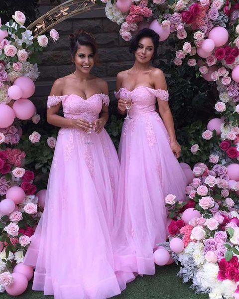 

2020 sweet pink bridesmaid dresses lace appliques off the shoulder maid of honor gowns custom made formal a line evening dresses, White;pink