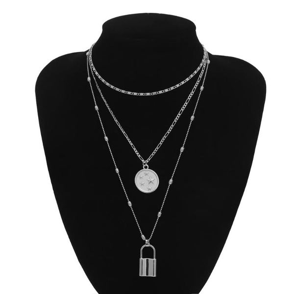 

multi layer lock choker necklace collar statement padlock punk carved coin star pendant necklaces for women jewelry, Silver