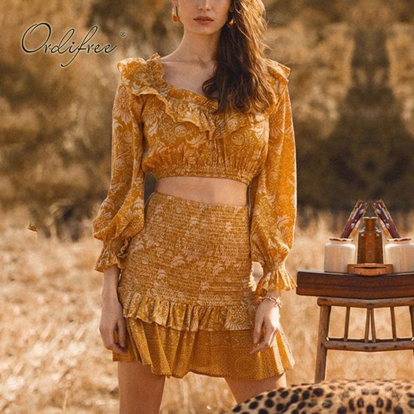 

two piece dress ordi2021 summer 2 set women ruffle blouse vintage boho floral print mini skirt crop and, White