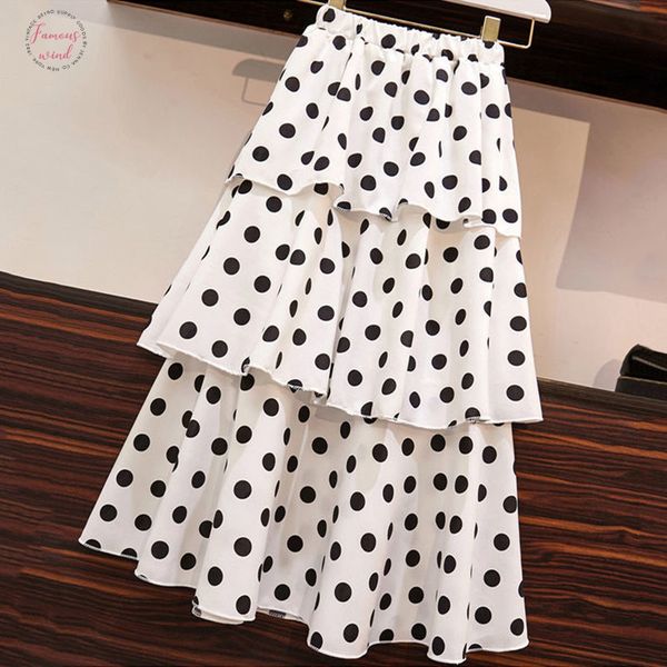 

2020 summer women midi skirts korean boho bohemian ruffles ladies beach polyester holiday polka dot layer flare pleated skirt for women, Black