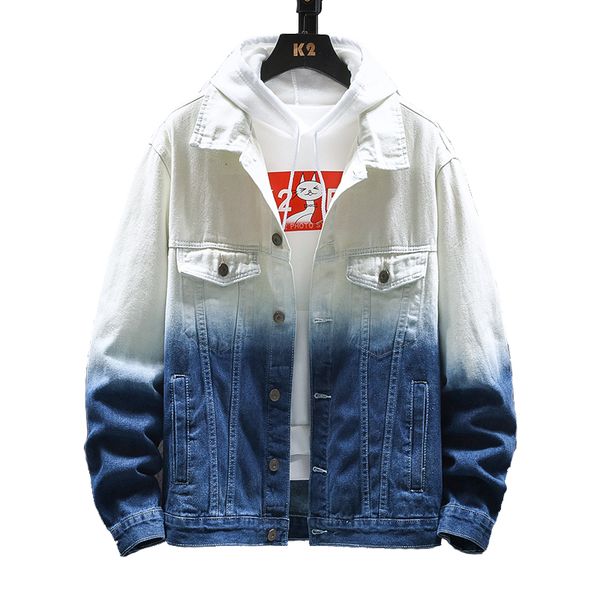 

man autumn tie-dyed jean jacket gradient color denim jacket loose leisure tooling jeans, Black;brown