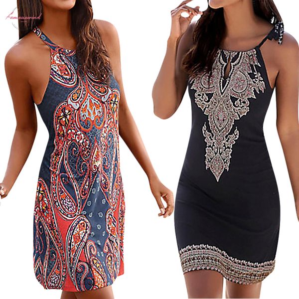

2020 new womens mini dress sleeveless floral print boho beach party summer halter neck black dress vestidos, Black;gray