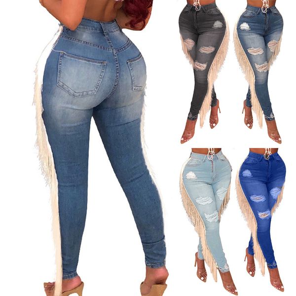 

women broken tassel washed jeans small feet skinny denim casual pants cgu 88, Blue