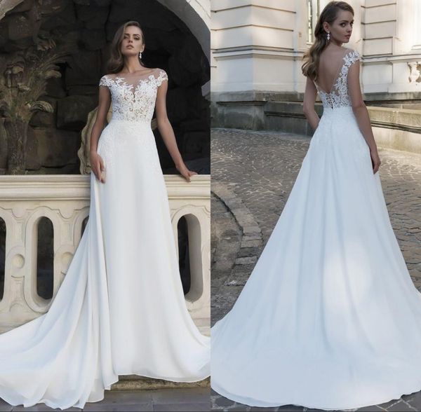 

2020 spring garden boho wedding dresses cap sleeve sheer neck lace appliques bridal gowns open back a line robes de mariee, White