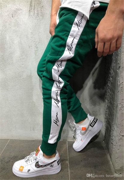

designer mens sweatpants letters print slim men pencil pants hiphop patchwork color male long jogger trousers, Black