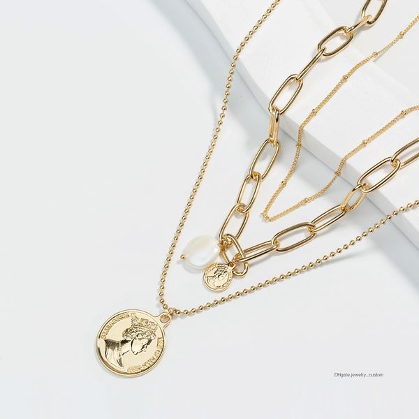 

лаконичные украшения elizabeth coin pendeloque cut барокко перл многоэтажное ожерелье цепочка ключицы, Silver
