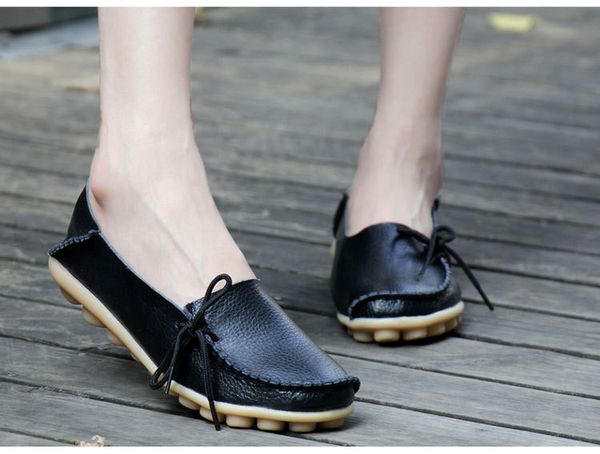 

fashion new moccasins women flats woman loafers genuine leather female shoes slip on ballet bowtie women's shoe size 35-44, Black