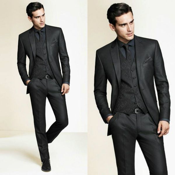 

black mens wedding suits three pieces 2019 custom made peaked lapel groom tuxedos slim fit groomsmen businessmen suit, Black;gray