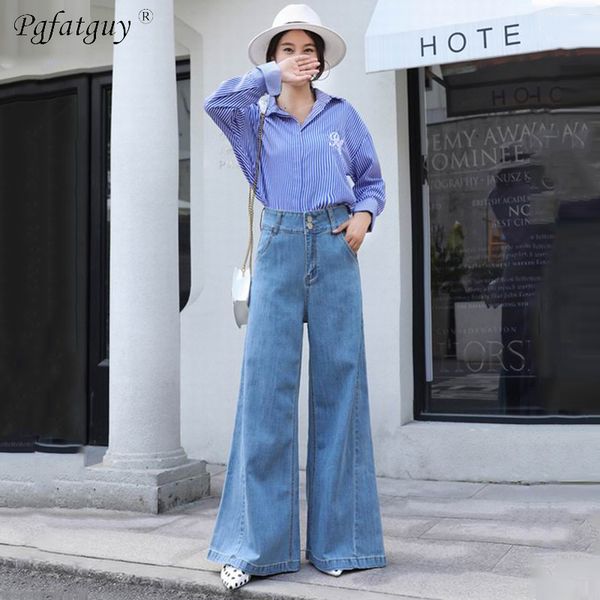 

blue denim jeans classic 4 season women high waist jeans vintage mom style wide leg pants cowboy denim pants