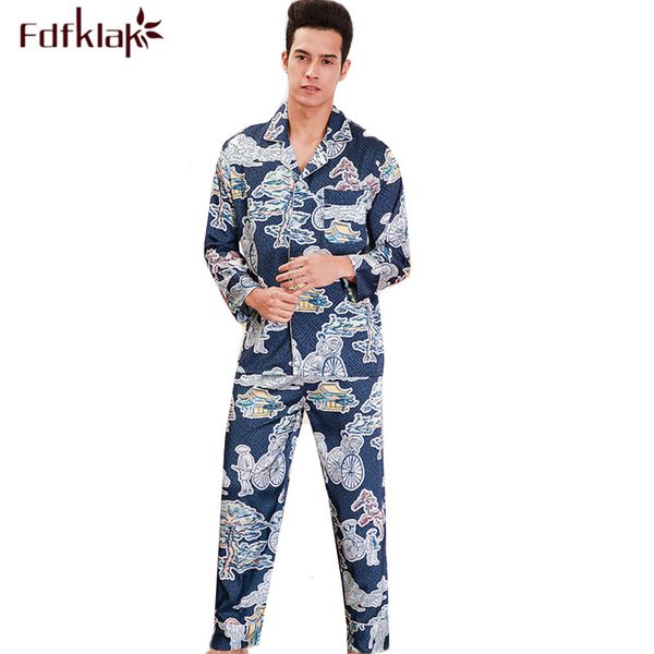 

fdfklak casual print men's pajamas long sleeve silk pijamas set spring summer sleepwear male nightwear pyjamas pijama hombre, Black;brown