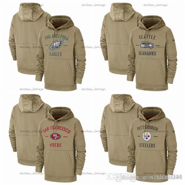 

men seattle san francisco 49er seahawks pittsburgh philadelphia steeler eagles tan 2019 salute to service sideline therma pullover hoodie, Blue;black