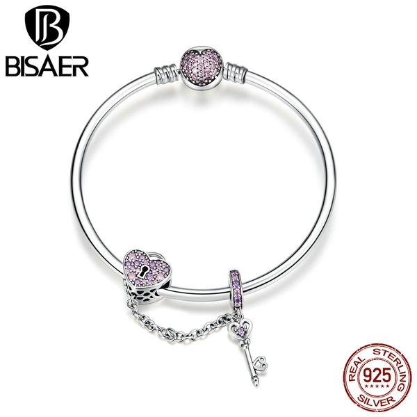 

bisaer real 925 sterling silver love heart and heart key pink cz bracelets bangles for women sterling silver jewelry ecb820, Golden;silver