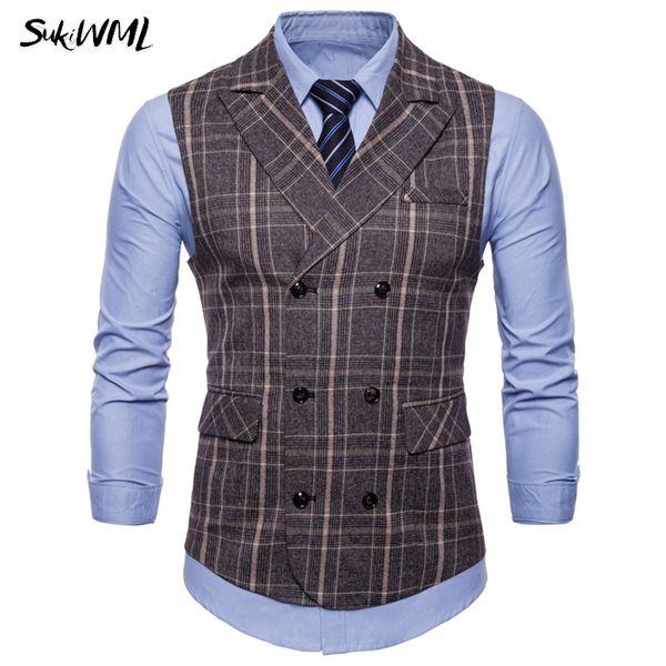 

sukiwml coletes masculino social 2018 new plaid double breasted vest slim fit men suit vest wedding waistcoat men, Black;white