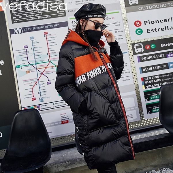 

vefadisa winter letter print hooded parkas women patchwork cotton coat hoodies knee length long zipper parkas coat zld186, Black