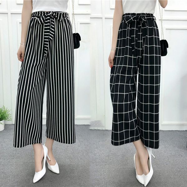 

designer leggings women pants wide summer leg pants elegant bow belt striped high waist loose korean style autumn office ladies pants, Black;white