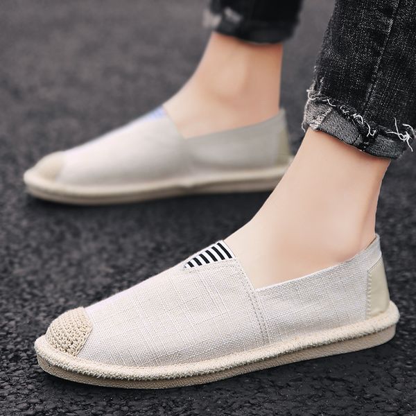

men fashion linen straw slip on fishermans shoes lace up flats casual breathable comfort outing outdoor loafer injection driving footwear, Black