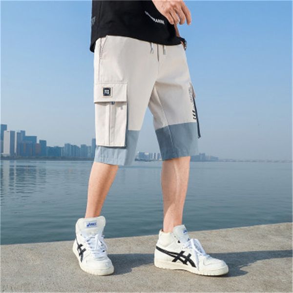 

mens short cargo pants fashion trend loose drawstring knee length beach casual pants summer designer new male pocket shorts, White;black