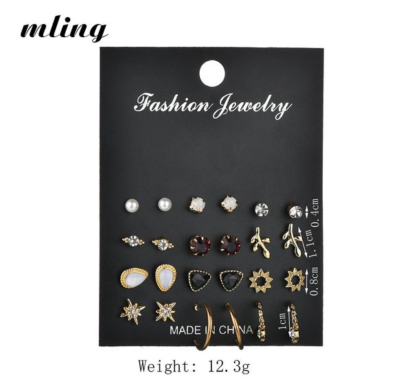 

12 pairs / set of unique design retro small earrings set for female punk alloy stars leaf earrings gold jewelry pearls, Golden;silver