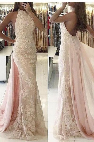 

2018 Latest High Neck Mermaid Evening Dresses Lace Backless Floor-length Prom Dresses Formal Evening Gowns
