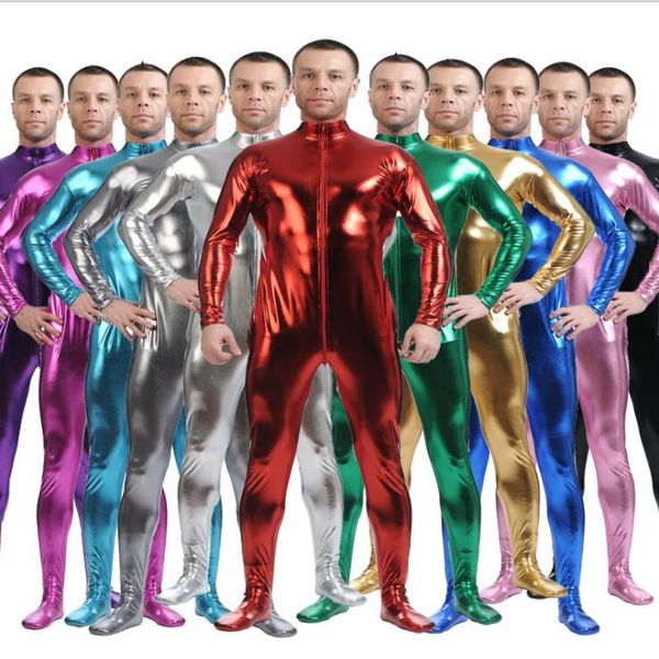 New Ennovo Homens Latex Terno Preto Brilhante Brilhante Metálico Metálico Zentai Terno Do Corpo Completo Unitardo Personalizado Pele Bodysuit Zipper Frente