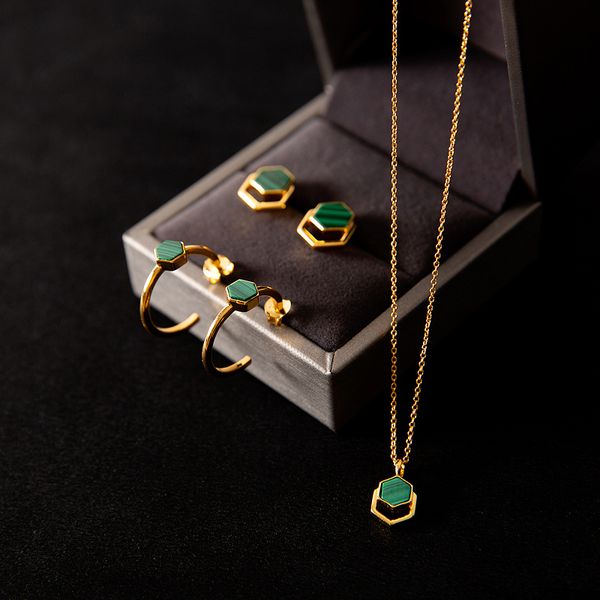 

exquisite setting malachite charms pendant necklace +circle earrings +stud earrings sets gold jewelry for women, Silver