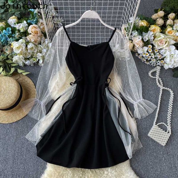 

casual dresses joinyouth 2021 spring women dress mesh stitching french retro black velour velvet female vestidos for 57813, Black;gray